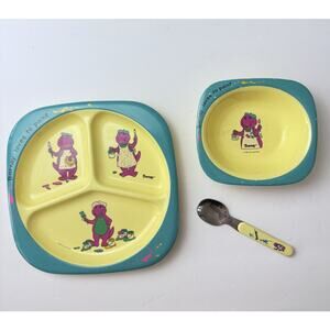 Vintage‎ 1992 Barney The Dinosaur Melamine Dinner Set Plate Spoon Bowl T67